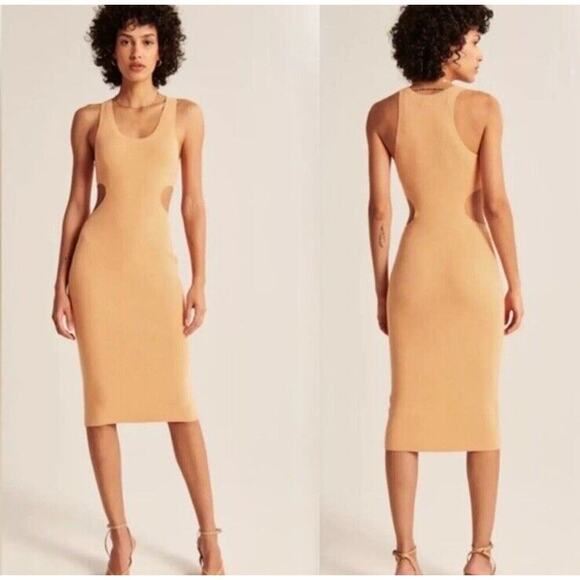 Abercrombie & Fitch Elevated Knit Side Cutout Midi Dress Brown Size L BZ - Picture 1 of 3